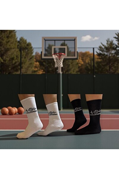 Gök Sports Black White Volleyball Pattern Sports Socks Breathable Cotton Unisex Volleyball Socks