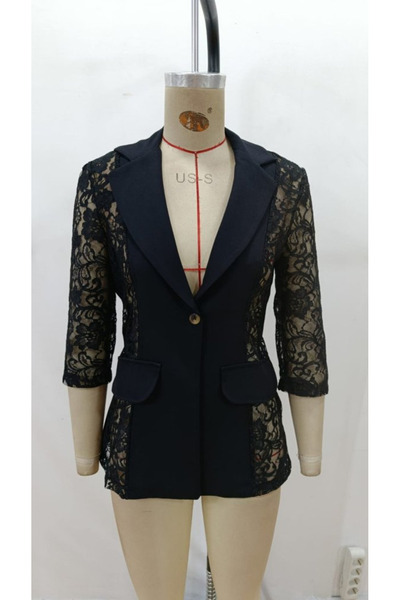 rengamoda Women's Lace Trim Three Quarter Sleeve Buttoned Pocket Atlas Fabric Jacket