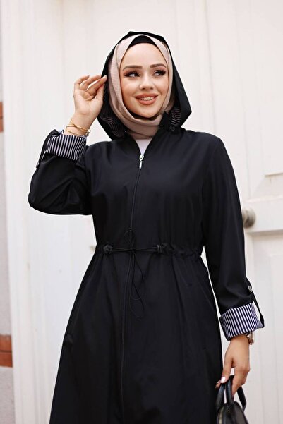 ECALAMODE Women's Black Raincoat Trench Coat Transitional Adjustable Waist Hooded Hijab – Sports & Casual Cap