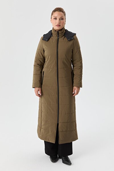 Doque Kadın Şişme Kaban Haki Yeşil Araboy Kalın Kışlık Kapşonlu - Boy:130 cm 67050
