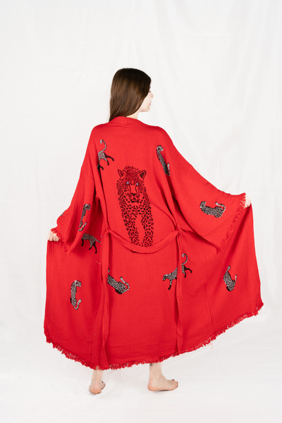 PERAVES Muslin Kimono 100% Cotton Leopard Patterned Red Bathrobe Kaftan Dress...