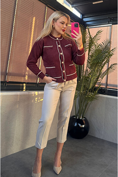 MİR STORE Burgundy Pocket Detailed Twisted Stripe Pearl Button Cardigan