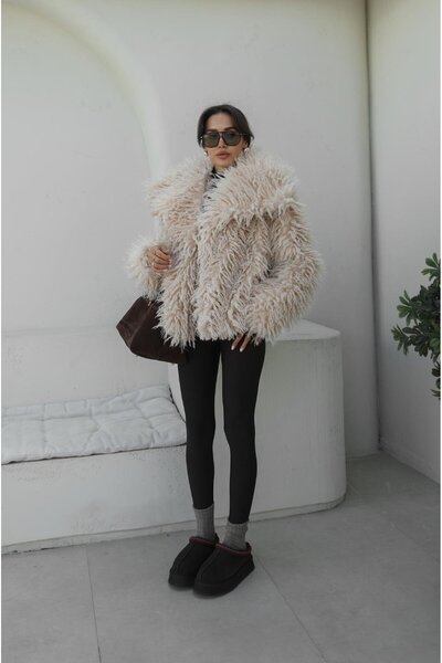 Havoş Stone Color Powell Faux Fur Jacket