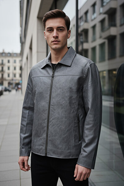 MOVENTO Jachetă din piele anticată croială largă pentru bărbați