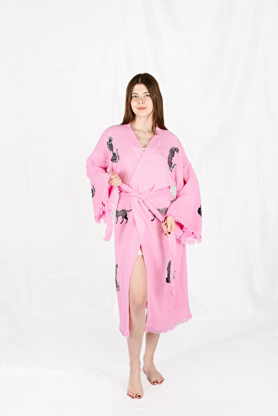 PERAVES كيمونو من الموسلين 100% قطن بنقشة الفهد، روب استحمام وردي للأطفال، قف...