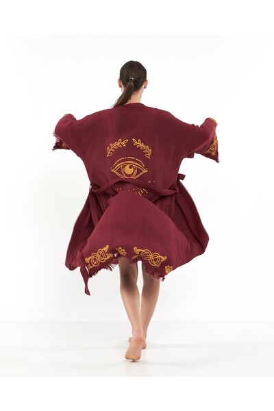 PERAVES Müslin Kimono %100 Pamuk Göz Desenli Bordo Bornoz Kaftan Sabahlık röpteşambır rahatlık