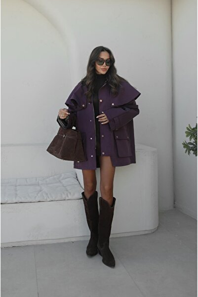 Havoş Plum Hooded Contrast Collar Trench Coat