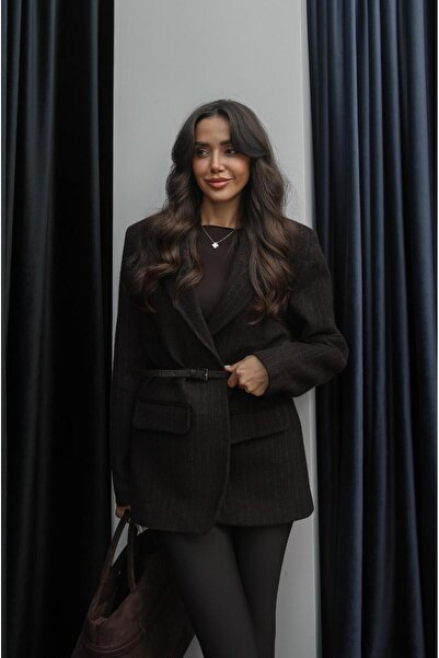 Havoş Μπουφάν με ζώνη από μάλλινο μείγμα καφέ ριγέ