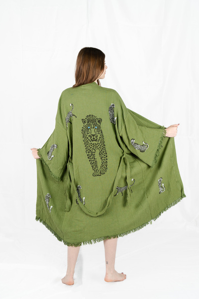 PERAVES Muslin Kimono 100% Cotton Leopard Patterned Khaki Bathrobe Kaftan Dre...