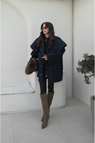 Havoş Navy Blue Hooded Contrast Collar Trench Coat