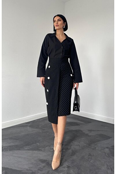 Wear Up Black Striped Polyviscon Skirt