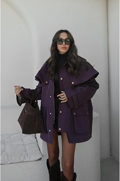 Havoş Plum Hooded Contrast Collar Trench Coat