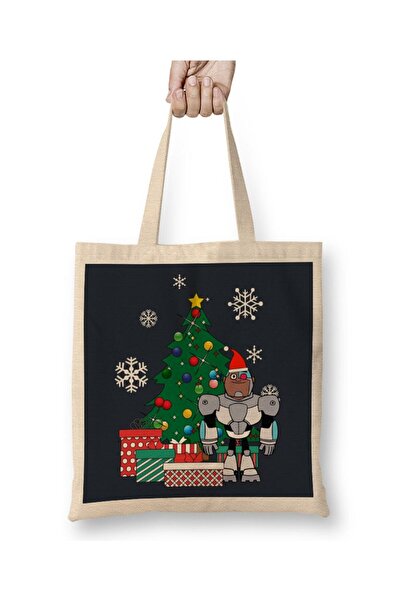 Toyaso Teen Titans Cyborg Around the Christmas Tree White Cloth Bag Long Handle Shopping Bag