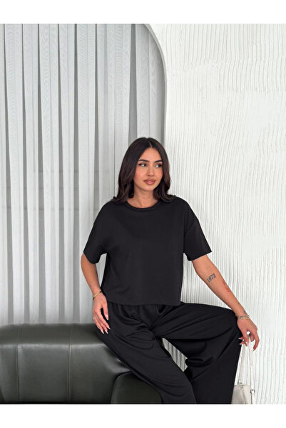 MODA Osy Modal Soft Textured Fabric Crew Neck T-shirt Loose Leg Pantalon Σετ δύο τεμαχίων - Μαύρο