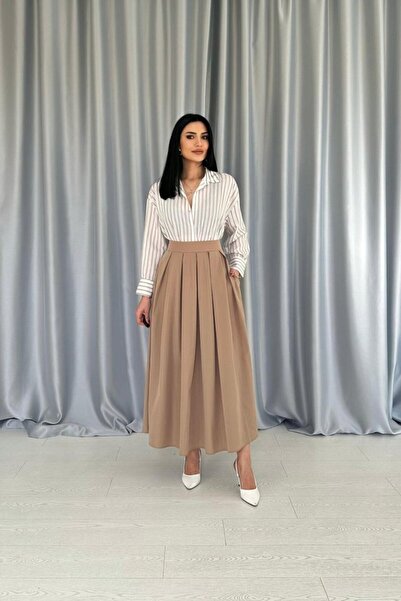 By Sevilen Collection Camel Long Pleated Skirt