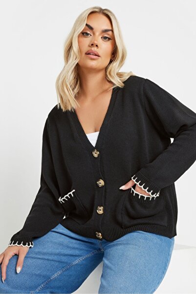 FOR ESRA BIG TREND Women's Plus Size Contrast Blanket Stitch Buttoned Pocket V-Neck Short Knit Cardigan