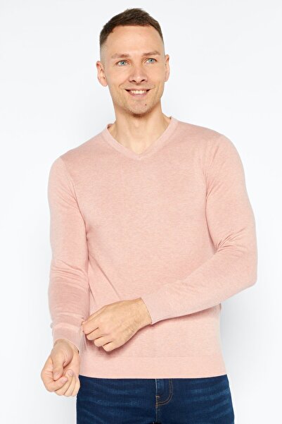 CELIO Men V-Neck Long Sleeve Heather T-Shirt, Pink