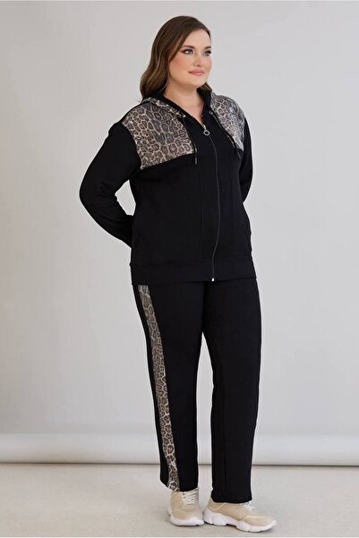 FOR ESRA BIG TREND Women's Plus Size Sequined Leopard Detail Hooded Zippered Pockets Lower Waist Elastic Stretchy Tracksuit Set