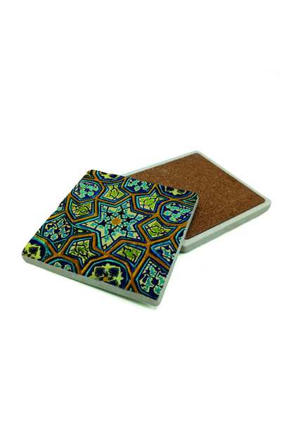 Sadrazam قاعدة كوب من الحجر الطبيعي بتصميم محراب المسجد الأخضر في بورسا مطبوع مقاس 10سم × 10سم |   1G-نمط المسجد الأخضر1