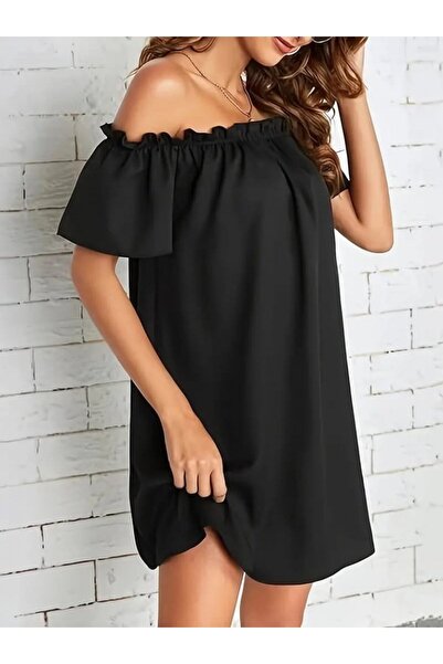 Genel Markalar Kadın Kısa Kollu Fırfır Detay Madonna Yaka Mini Ithal Krep Elbise