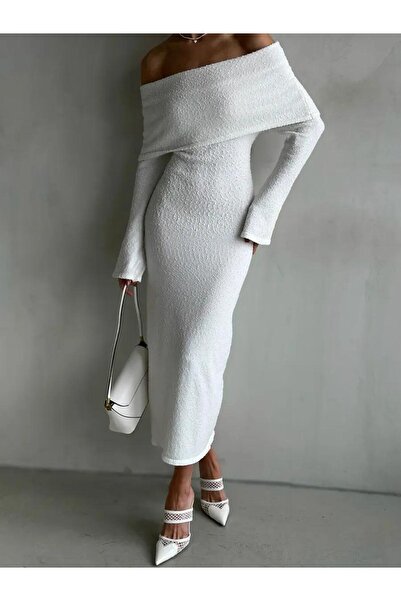 MAXXANA Spanish Sleeve Madonna Collar Textured Knitwear Dress Is Suitable for M-L-Xl