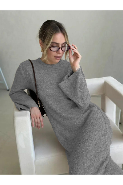 MAXXANA Spanish Sleeve Crew Neck Textured Knitwear Dress Is Suitable for M-L-Xl