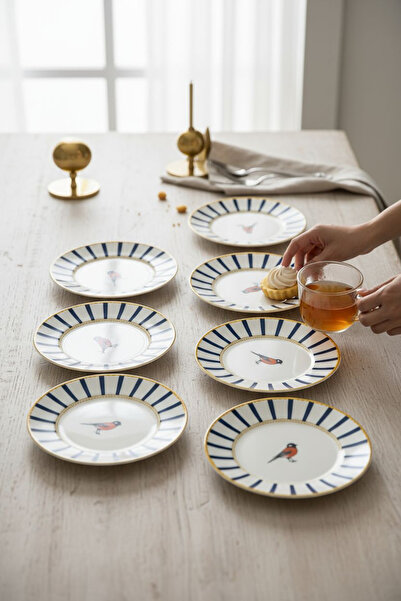 Genel Markalar 3'lü Şık Çay -Pasta Tabağı Seti Altın Detaylı Modern Kuş Figürlü Tatlı Tabağı