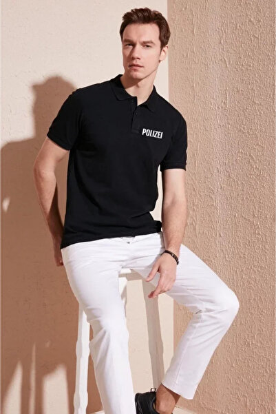 FantaziAtölyesi Μπλουζάκι με κουμπιά γιακά με στάμπα πικέ - Μαύρο