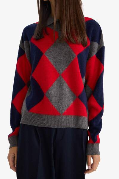 DeFacto Regular Fit Polo Neck Baklava Patterned Knitwear Sweater G6543Ax25Wn