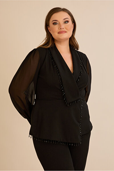 FOR ESRA BIG TREND Women's Plus Size Double-Breasted Collar Accessory Detail Long Chiffon Sleeve Woven Crepe Stretchy Blouse