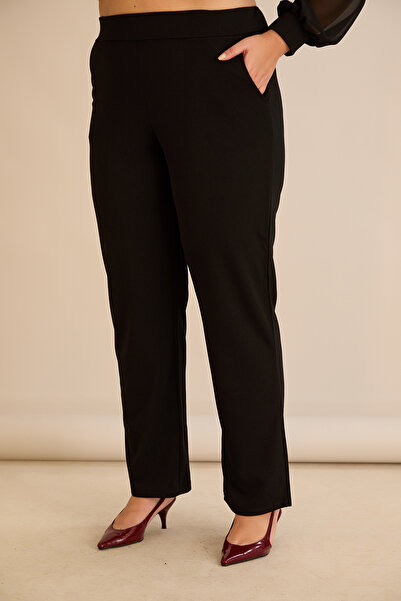 FOR ESRA BIG TREND Women's Plus Size High Waist Elastic Pocketed Flared Leg Woven Crepe Stretchy Pants