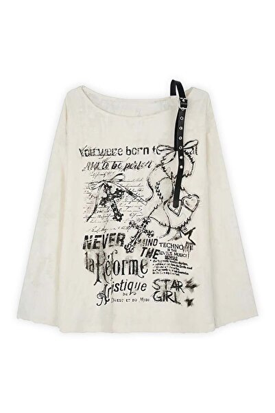 Karakedi Japanese Star Girl One-Strap Belt Detailed Y2K Long Sleeve Bodysuit