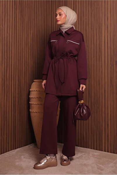 TRENDTESETTÜR Women's Burgundy Pants Suit with Scuba Knitting t 9235