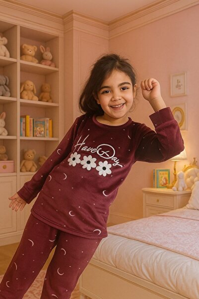 asiltr Girl's Velvet Long Sleeve Crew Neck Flower Pattern Pajamas Set