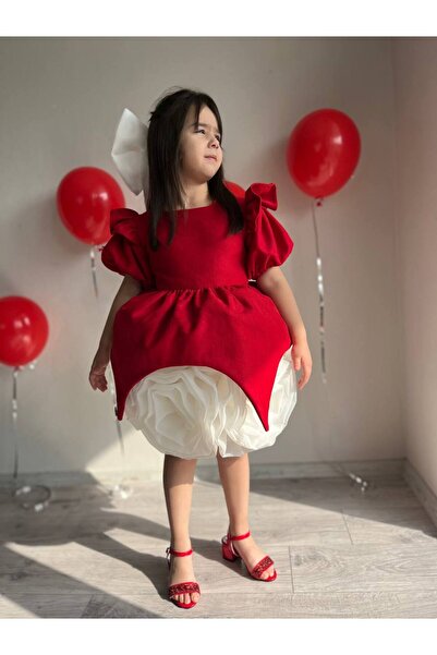 Sare Çocuk Giyim Red Velvet Skirt with White Rose Motif Special Design Girl's Evening Dress Birthday Dress + Buckle