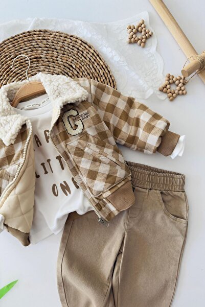 Minigimin Cicileri My Little One's Checkered G-Pattern Coat Is a Baby Boy's Coat. Set of 3 - Brown