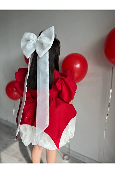 Sare Çocuk Giyim Red Velvet Skirt with White Rose Motif Special Design Girl's Evening Dress Birthday Dress + Buckle