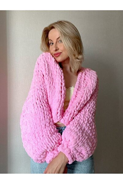 Alize Pinterest Hand Knitted Daisy Detailed Puffy Women's Floral Cardigan Jac...