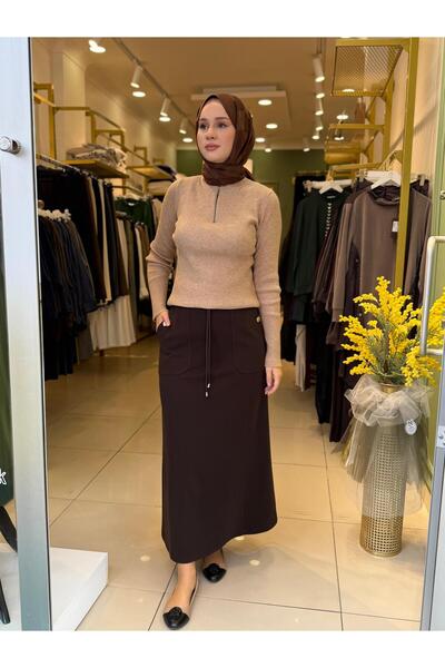 Sentez Elenna Cep Düğmeli Çan Etek 5472 Kahverengi