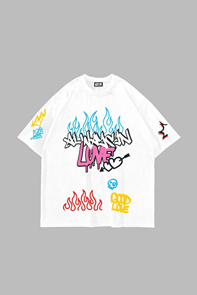 Sekizbiraltı Love Graffiti Printed Oversized Unisex White Tshirt