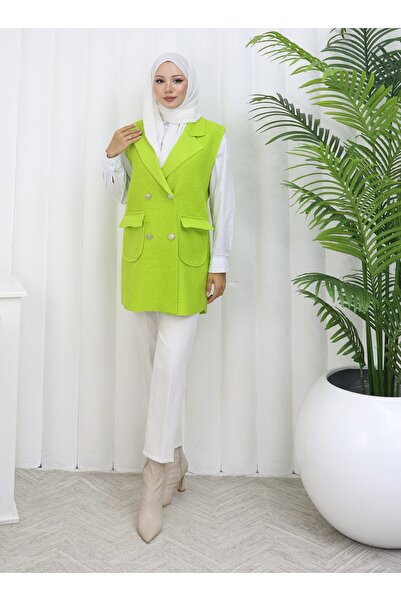 MİSS M.A.T FASHİON Buklet Pon Pon Fabric Pocketed Covered Double-Breasted Collar 4 Button Vest