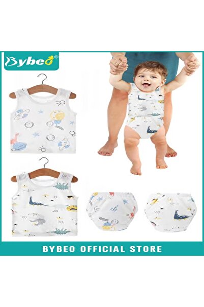 BYBEO 4 PCS Baby Clothes Set, Round Neck Sleeveless Printed T-Shirt + Elastic Waist Potty Training Underwe