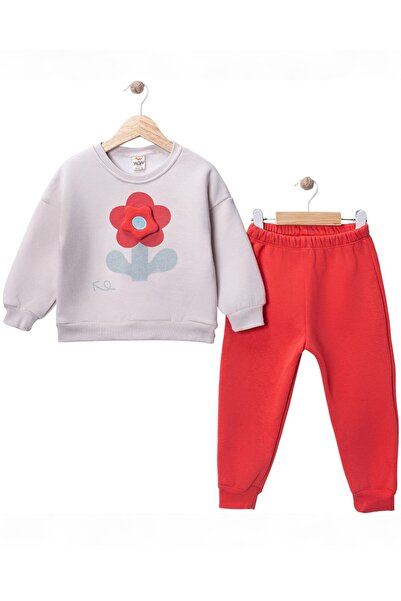 Egelite Girl's Floral Patterned Cotton Tracksuit Set 1-4 Years Old | Winter 3 Thread Fleece-Lined Thick Baby Set