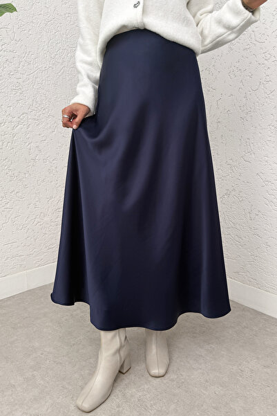 Salih Çelebi Fustă din satin în linie A 0031 - ALBASTRU ÎNCHIS