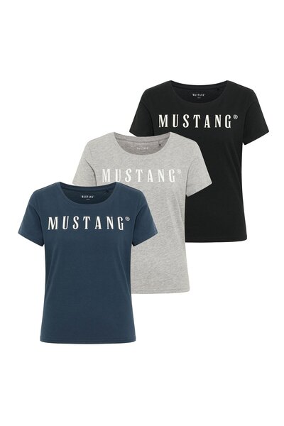 Mustang Damen T-Shirt 3er Pack - Alma, Baumwolle, Rundhals, Logo