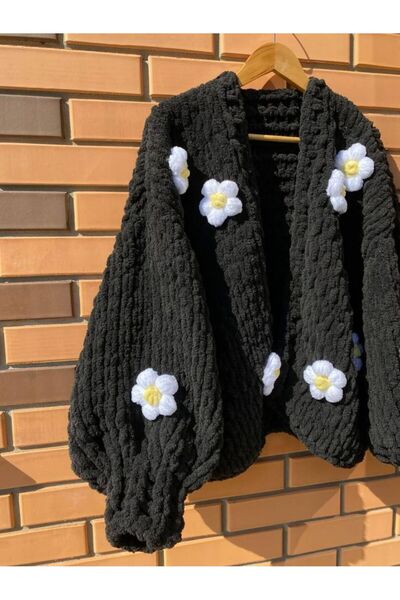 Alize Pinterest Hand Knitted Daisy Detailed Puffy Women's Floral Cardigan Jac...