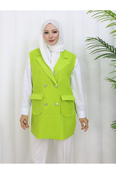 MİSS M.A.T FASHİON Buklet Pon Pon Fabric Pocketed Covered Double-Breasted Collar 4 Button Vest