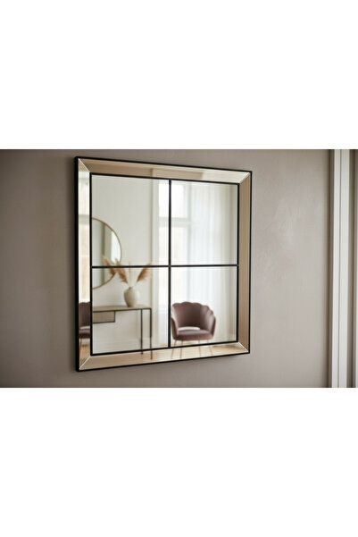 Amisos Dekor 92x92 cm Martı Model Bölmeli Kare Dekoratif Ayna – Siyah MDF Lak...