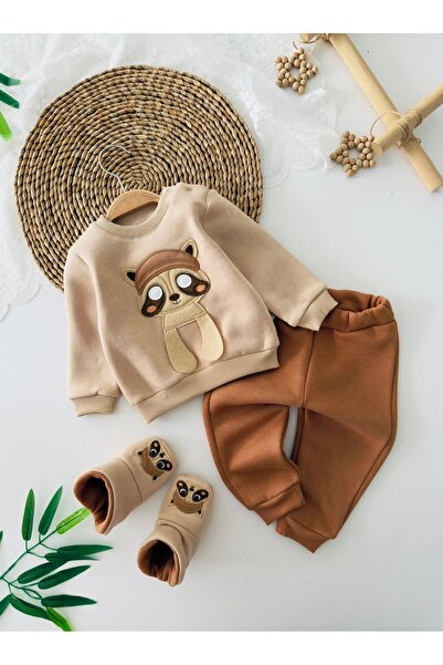 Minigimin Cicileri My Little One's Raccoon Embroidered Booties Baby 3-Piece Winter Set - Brown