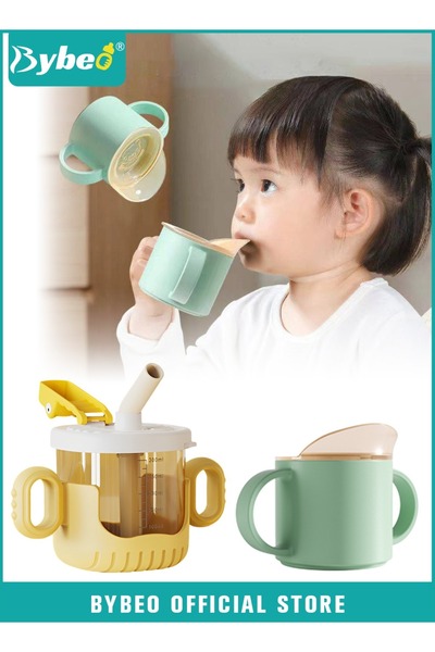 BYBEO 2PCS Baby Sippy Cup with Straw, Silicone Straw Cup + Trainer Cup with Deflector Cap for Boys Girls,